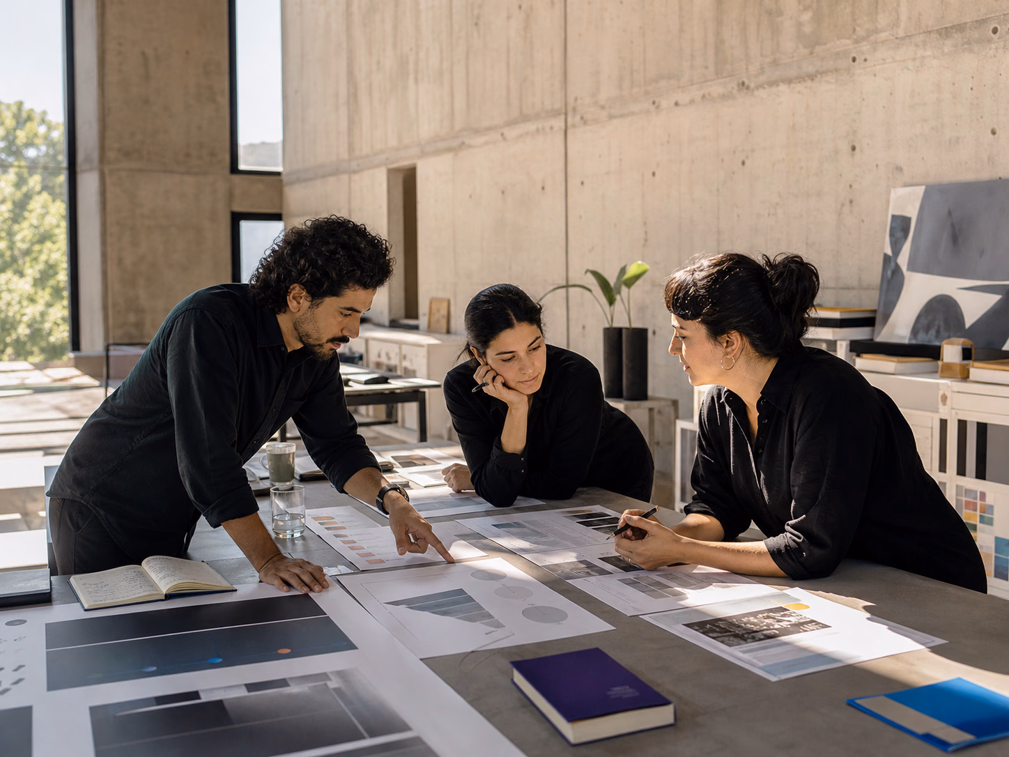 Equipo definiendo prioridades de marketing sobre mapas de campaña y datos de crecimiento